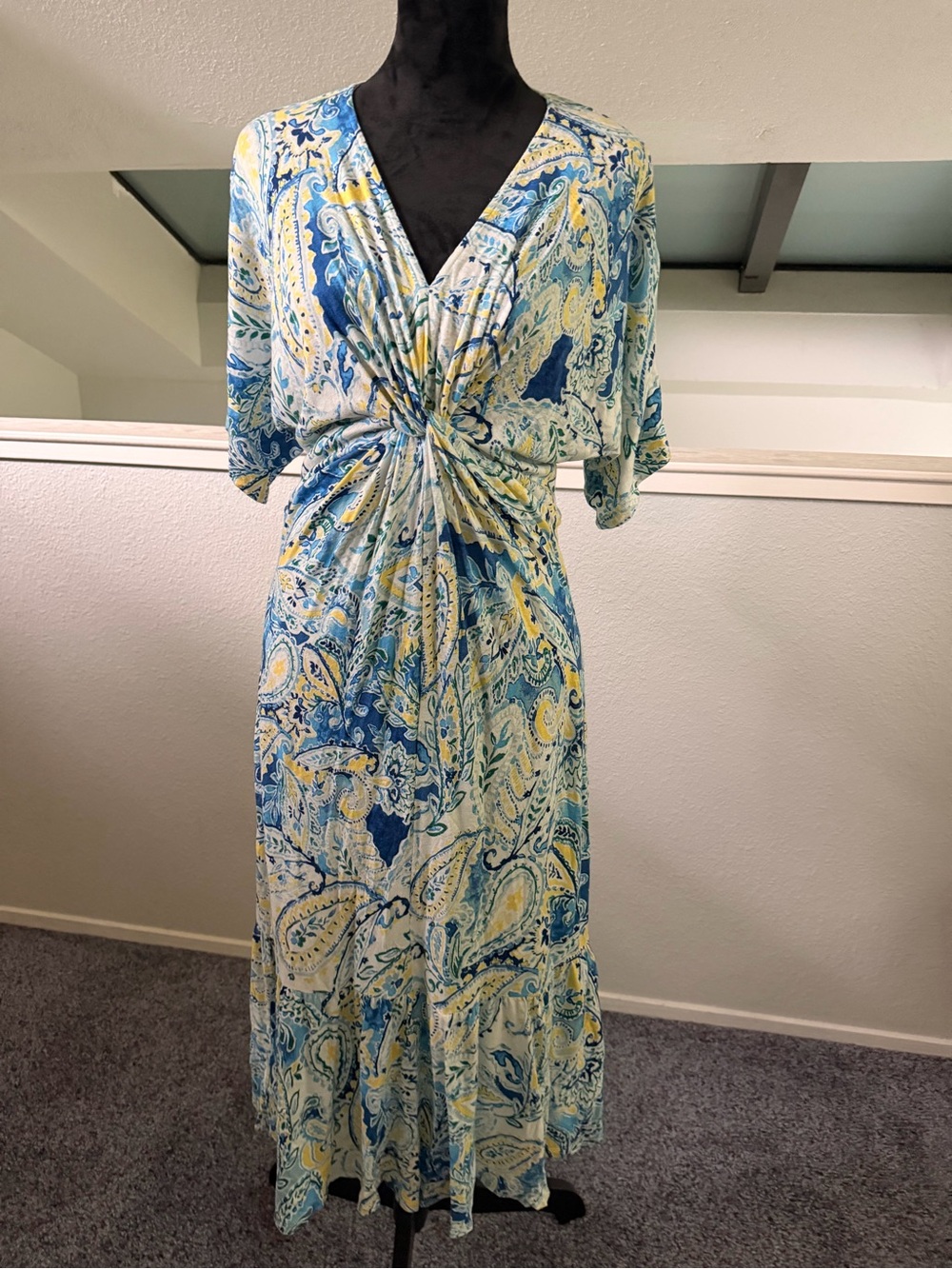 Ralph Lauren Blue, Yellow & White Paisley Twist-Front Maxi Dress